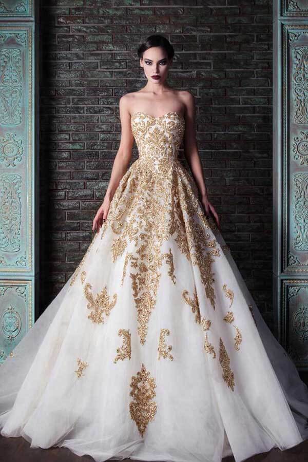 white and gold wedding dresses